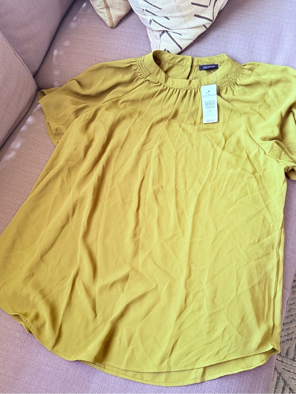 Ann Taylor Mustard Short Sleeve Smocked-Neck Blouse